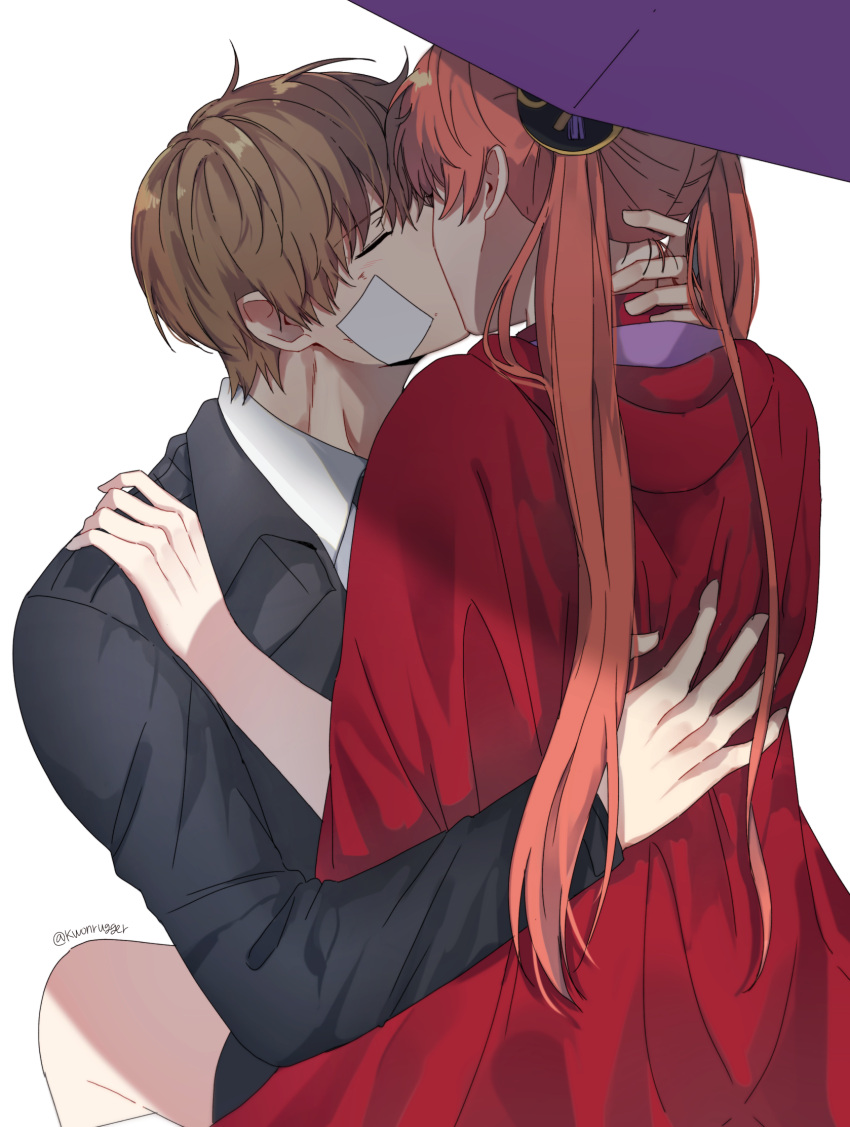 1boy 1girl black_jacket brown_hair closed_eyes collared_shirt couple gintama girl_on_top hair_bun highres jacket kagura_(gintama) kwonrugger long_hair long_sleeves okita_sougo orange_hair purple_umbrella shirt twintails umbrella very_long_hair white_shirt wing_collar