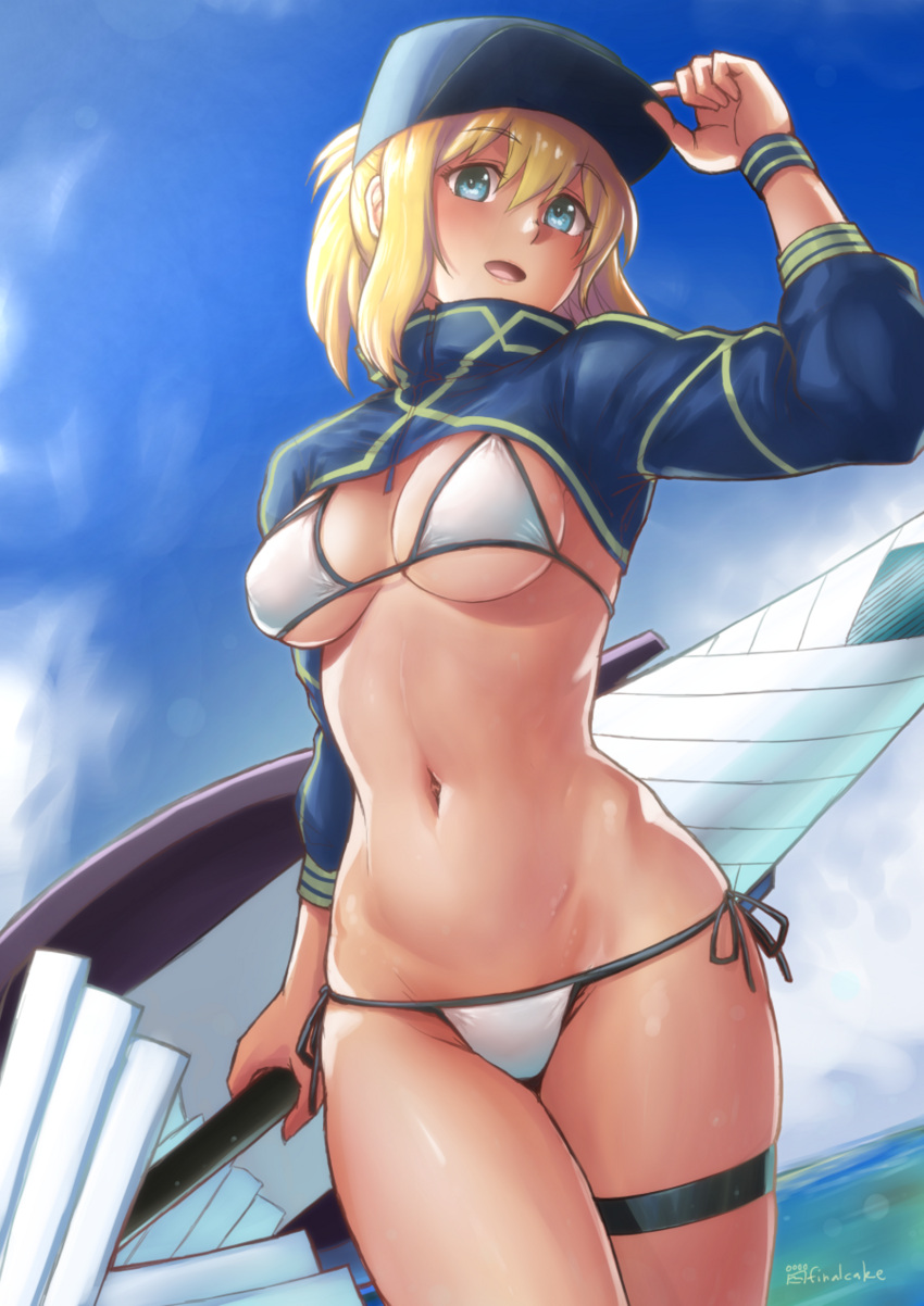 1girl ahoge armband artoria_pendragon_(all) baseball_cap bikini blonde_hair blue_eyes blue_headwear blue_sky breasts clouds commentary_request cowboy_shot day fate/grand_order fate_(series) finalcake hair_through_headwear hat highres medium_breasts mysterious_heroine_xx_(foreigner) outdoors ponytail shrug_(clothing) side-tie_bikini sky solo swimsuit twinmyniad white_bikini