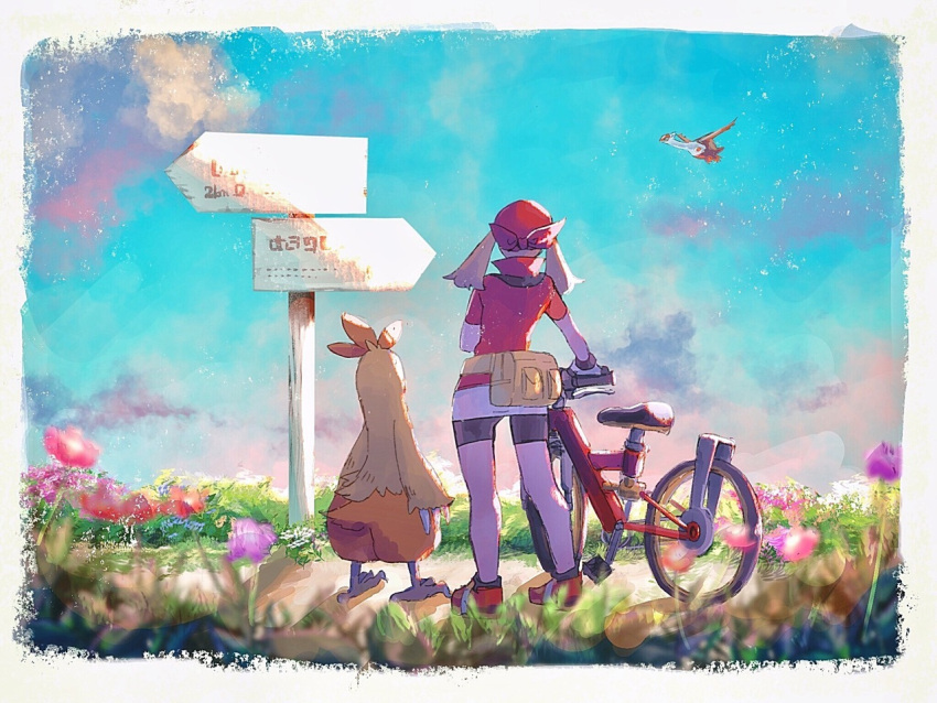 1girl bicycle bike_shorts black_legwear black_shorts blue_sky brown_hair combusken from_behind full_body gen_3_pokemon ground_vehicle haruka_(pokemon) jacket latias miniskirt mu_acrt pokemon pokemon_(creature) pokemon_(game) pokemon_rse red_bandana red_footwear red_jacket shoes short_shorts short_sleeves shorts shorts_under_skirt skirt sky sneakers socks standing twintails white_skirt