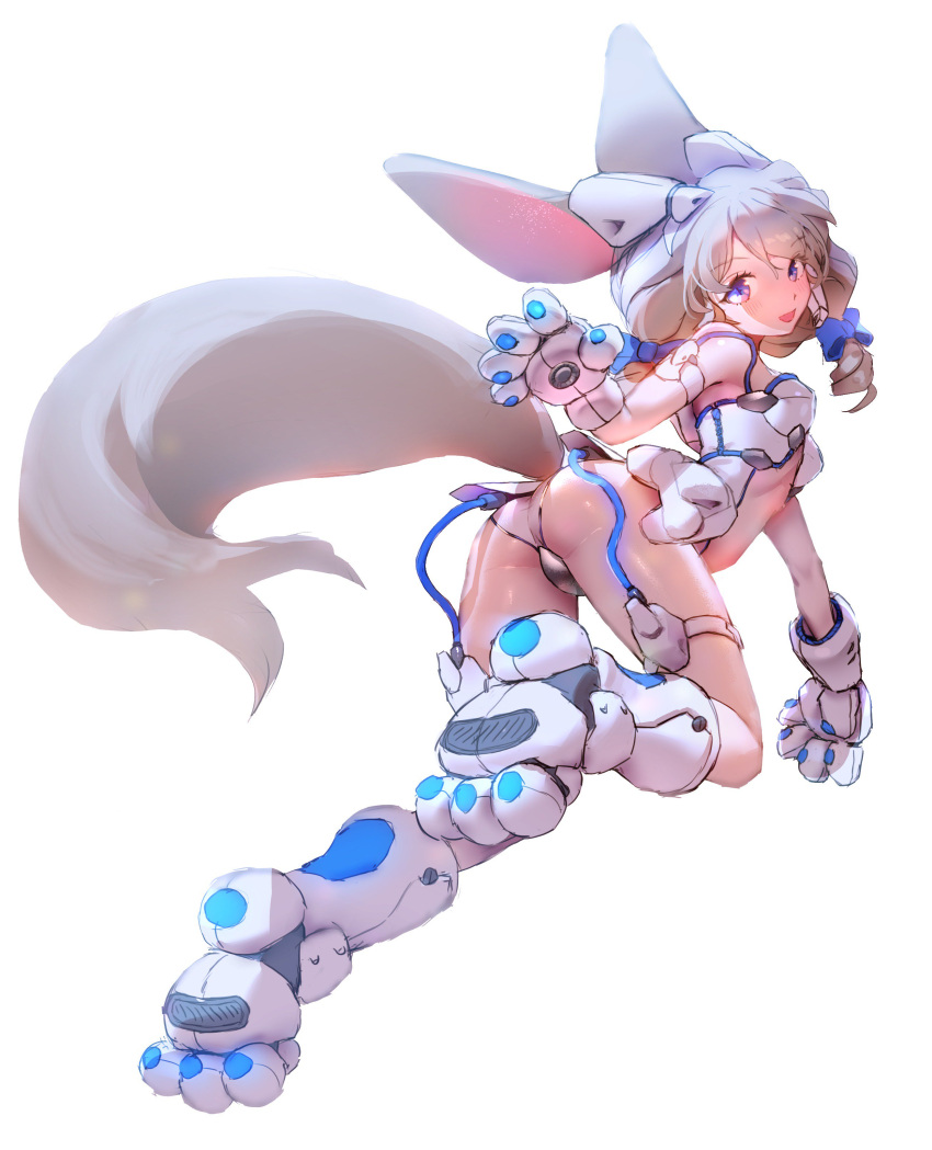 1girl absurdres animal_ears ass bangs blue_bow boots bow cable commentary curly_hair fake_animal_ears fooang full_body gloves hair_bow highres muloli open_mouth original simple_background solo tail white_background