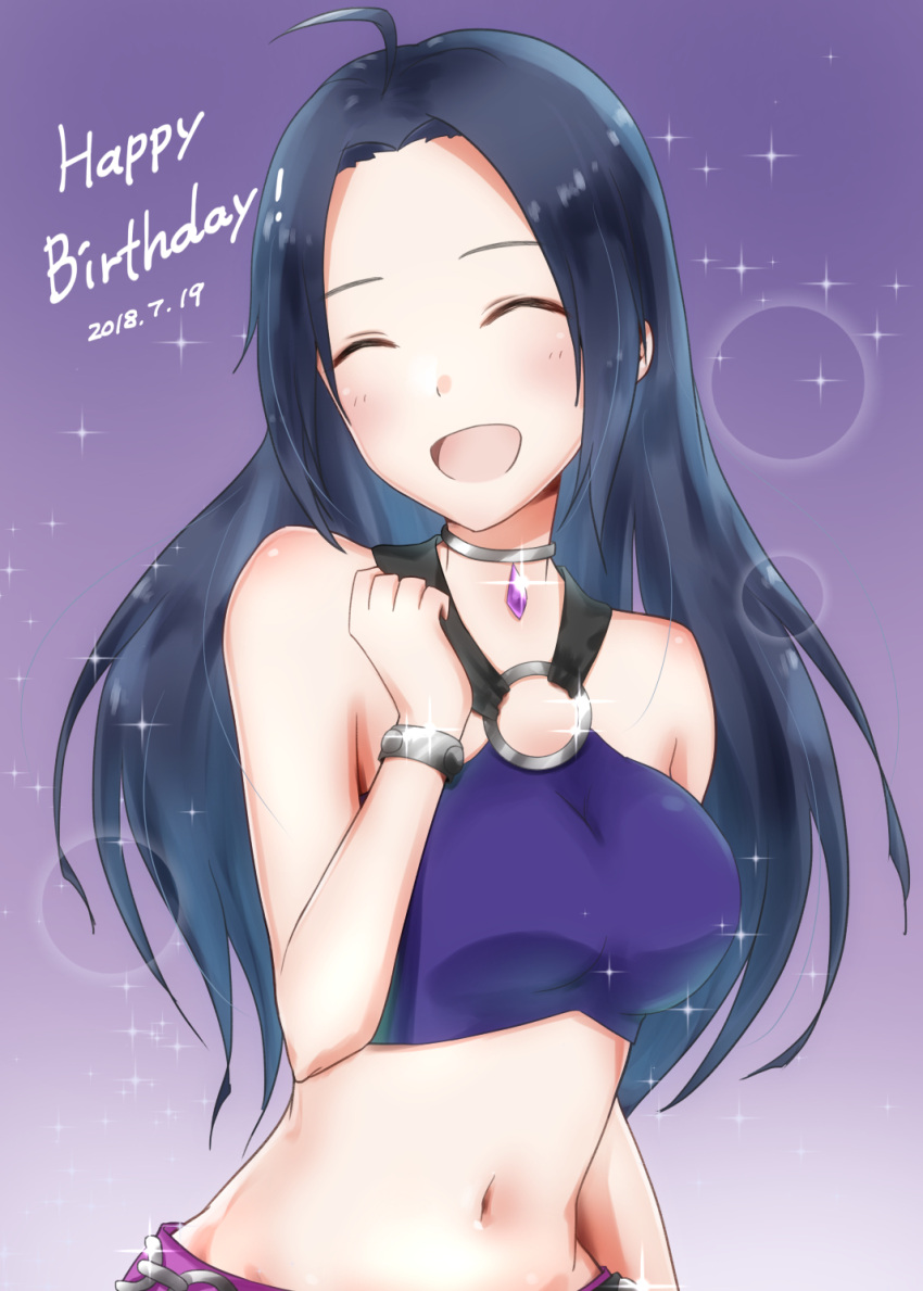 1girl 2018 :d ahoge black_hair choker closed_eyes crop_top gem gradient gradient_background happy_birthday highres idolmaster idolmaster_(classic) long_hair midriff miura_azusa mogskg navel o-ring open_mouth purple_background shiny shiny_hair sleeveless smile solo stomach upper_body