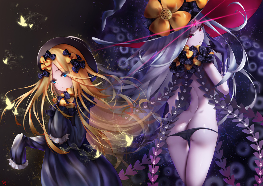 2girls abigail_williams_(fate/grand_order) ass back bangs bare_shoulders black_bow black_dress black_headwear black_panties blonde_hair blue_eyes bow bug butterfly commentary dress dual_persona fate/grand_order fate_(series) forehead glowing glowing_eye hair_bow hat highres insect keyhole long_hair long_sleeves looking_at_viewer lowleg lowleg_panties multiple_girls orange_bow panties parted_bangs pink_eyes polka_dot polka_dot_bow sleeves_past_fingers sleeves_past_wrists smile tentacles thighs third_eye underwear vanitas_0 white_hair white_skin witch_hat
