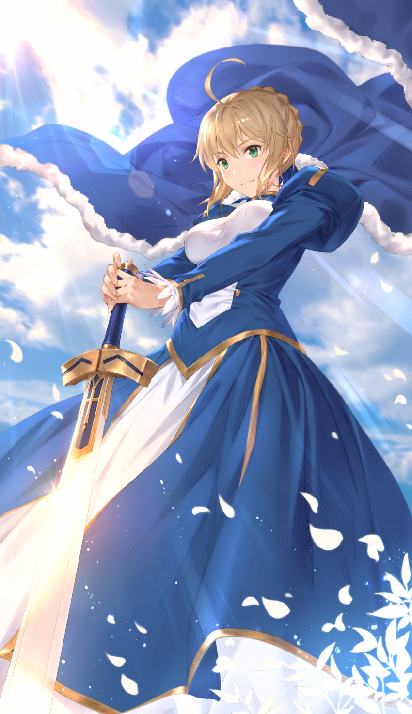 1girl ahoge artoria_pendragon_(all) bangs blonde_hair blue_cape blue_dress blush braid breasts cape clouds dress excalibur fate/grand_order fate/stay_night fate_(series) flower french_braid frown fur-trimmed_cape fur_trim glowing glowing_sword glowing_weapon green_eyes highres juliet_sleeves long_sleeves medium_breasts petals planted_sword planted_weapon puffy_sleeves saber shiny shiny_hair short_hair sky solo sunlight sword weapon yijian_ma