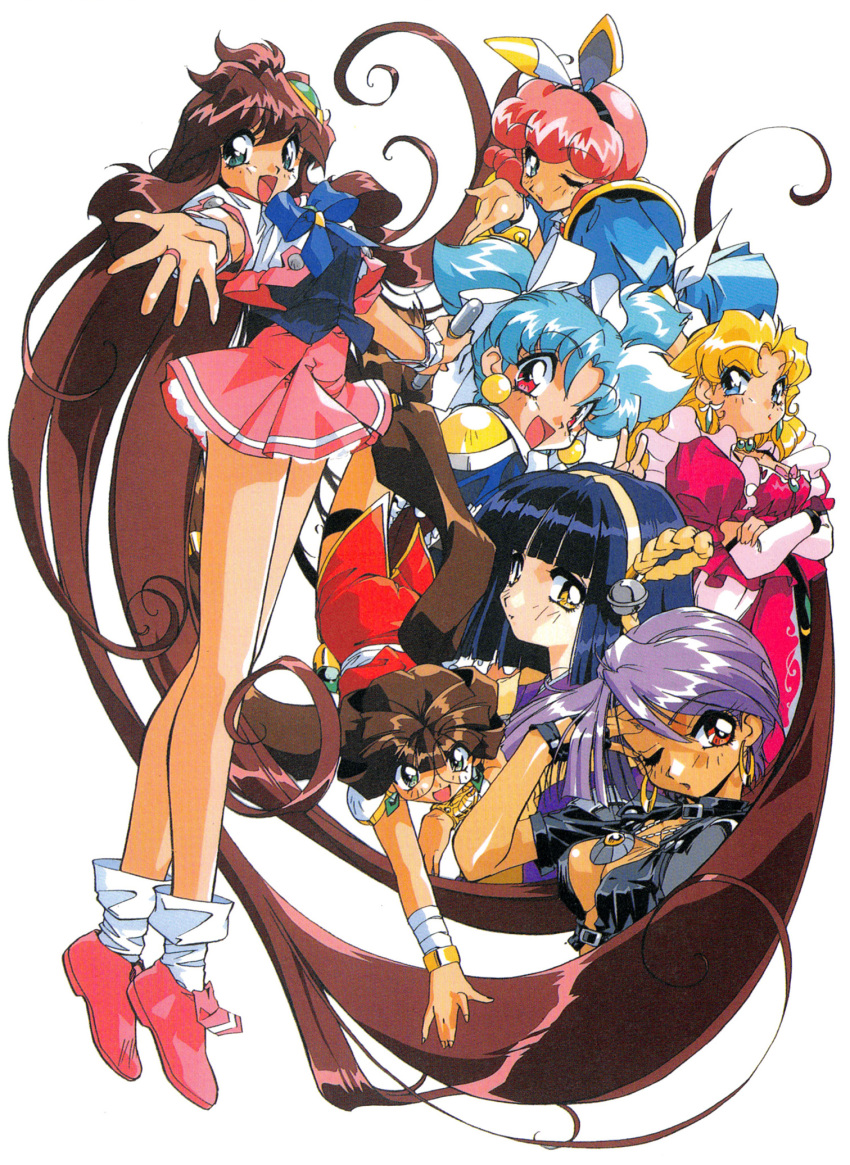 6+girls 90s absurdly_long_hair animal_ears aqua_eyes bangs black_hair blonde_hair blown_kiss blue_eyes blue_hair blunt_bangs bridal_gauntlets brown_eyes brown_hair corvette_hiyards crossed_arms detached_sleeves dress earrings eyebrows_visible_through_hair eyeshadow fake_animal_ears green_eyes hair_ornament hairband hand_on_own_face highres idol_project jewelry kaidou_extra long_hair makeup mimu_emilton multiple_girls noritaka_suzuki official_art one_eye_closed open_mouth outstretched_arm pink_hair puffy_sleeves purple_hair rabbit_ears ranrang_palpu red_eyes redhead rimless_eyewear round_eyewear ruka_essenpolka scan short_hair short_sleeves short_twintails simmons_layla-b. simple_background suzukaze_shion twintails very_long_hair white_background yellow_eyes