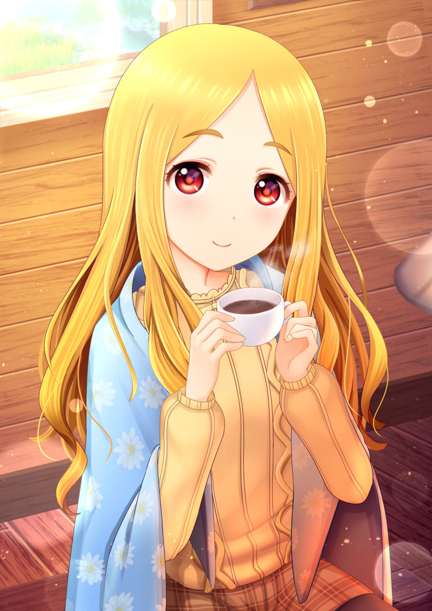 1girl blonde_hair coffee coffee_cup cup disposable_cup floral_print highres holding holding_cup idolmaster idolmaster_cinderella_girls idolmaster_cinderella_girls_starlight_stage indoors long_hair looking_at_viewer mochizuki_hijiri plaid plaid_skirt red_eyes sitting skirt smile solo sweater window youme