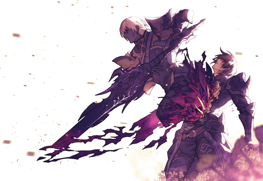 2boys armor blood blood_from_mouth blood_on_face closed_mouth commentary_request crystal dark_knight_(final_fantasy) darkness eboda-x final_fantasy final_fantasy_xiv gauntlets greatsword highres holding holding_sword holding_weapon huge_weapon male_focus materializing multiple_boys pants parted_lips pauldrons purple_theme short_hair sidelocks simple_background spikes sword weapon white_background