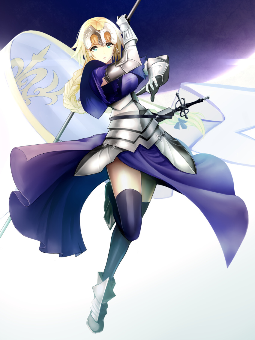 1girl armor armored_boots armored_dress banner blonde_hair blue_dress blue_legwear boa_sorte boots braid braided_ponytail dress fate/apocrypha fate_(series) faulds floating_hair gauntlets green_eyes headpiece highres holding jeanne_d'arc_(fate) jeanne_d'arc_(fate)_(all) leg_up long_hair looking_at_viewer parted_lips sheath sheathed single_braid solo standing standing_on_one_leg sword thigh-highs very_long_hair weapon