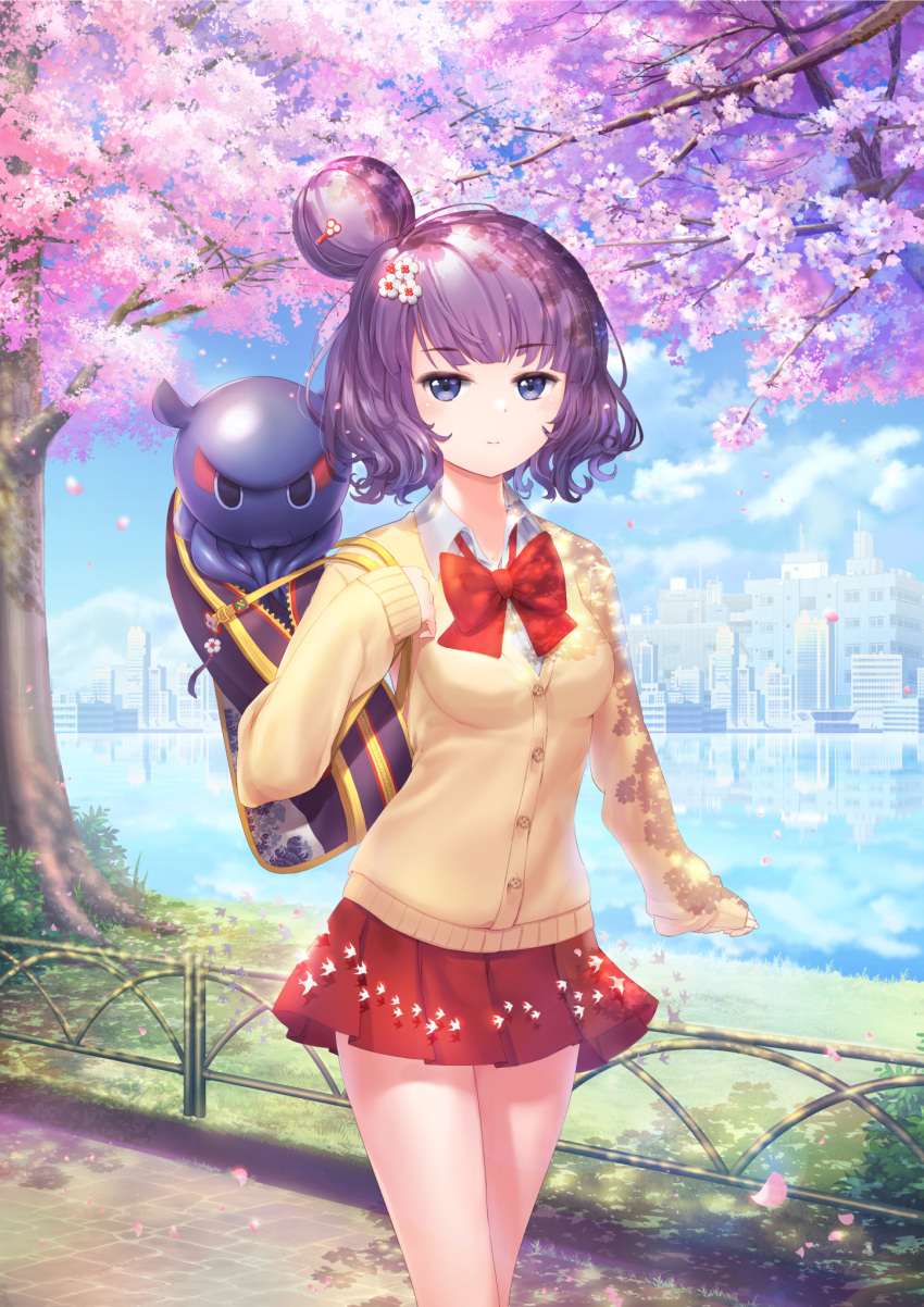 1girl animal bag blue_sky bow breasts brown_cardigan cardigan closed_mouth clouds cloudy_sky collared_shirt commentary_request day dress_shirt fate/grand_order fate_(series) flower hair_bun hair_ornament hand_up highres katsushika_hokusai_(fate/grand_order) lake long_sleeves looking_at_viewer octopus outdoors petals pink_flower pleated_skirt purple_hair red_bow red_skirt reflection runamochi school_bag school_uniform shirt skirt sky skyline sleeves_past_wrists small_breasts smile standing tokitarou_(fate/grand_order) tree violet_eyes water white_shirt