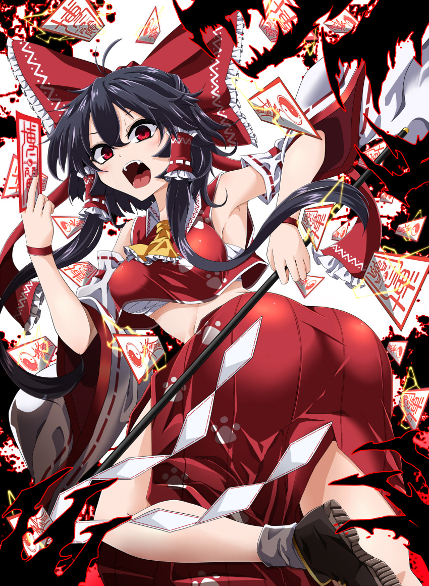 1girl antenna_hair armpits ascot ass bad_anatomy bangs bare_shoulders black_hair blush bow breasts brown_eyes brown_footwear commentary_request crop_top detached_sleeves eyebrows_visible_through_hair fangs feet_out_of_frame frilled_ascot frills gohei hair_between_eyes hair_tubes hakurei_reimu highres holding long_sleeves looking_at_viewer medium_breasts midriff nail_polish ofuda open_mouth paw_print red_bow red_nails red_skirt ribbon-trimmed_bow ribbon-trimmed_sleeves ribbon_trim rihito_(usazukin) sarashi shoes short_hair side_slit sidelocks skirt socks solo thighs touhou twisted_torso white_background white_legwear wide_sleeves wily_beast_and_weakest_creature wing_collar wristband yellow_neckwear yin_yang