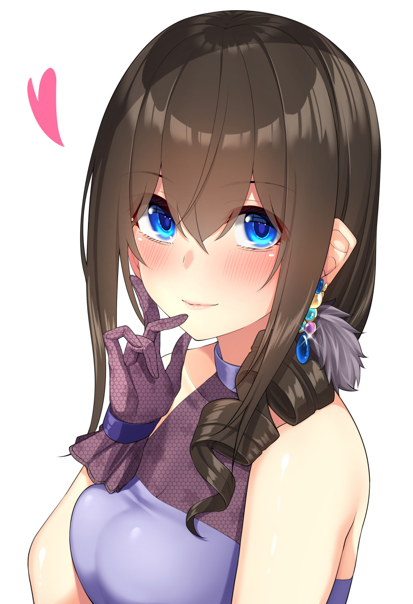 1girl absurdres bangs bare_shoulders black_hair blue_eyes blush breasts closed_mouth commentary_request dress drill_hair earrings gloves go-1 hair_between_eyes halterneck heart highres idolmaster idolmaster_cinderella_girls jewelry large_breasts long_hair looking_at_viewer purple_dress purple_gloves sagisawa_fumika side_drill simple_background smile solo white_background