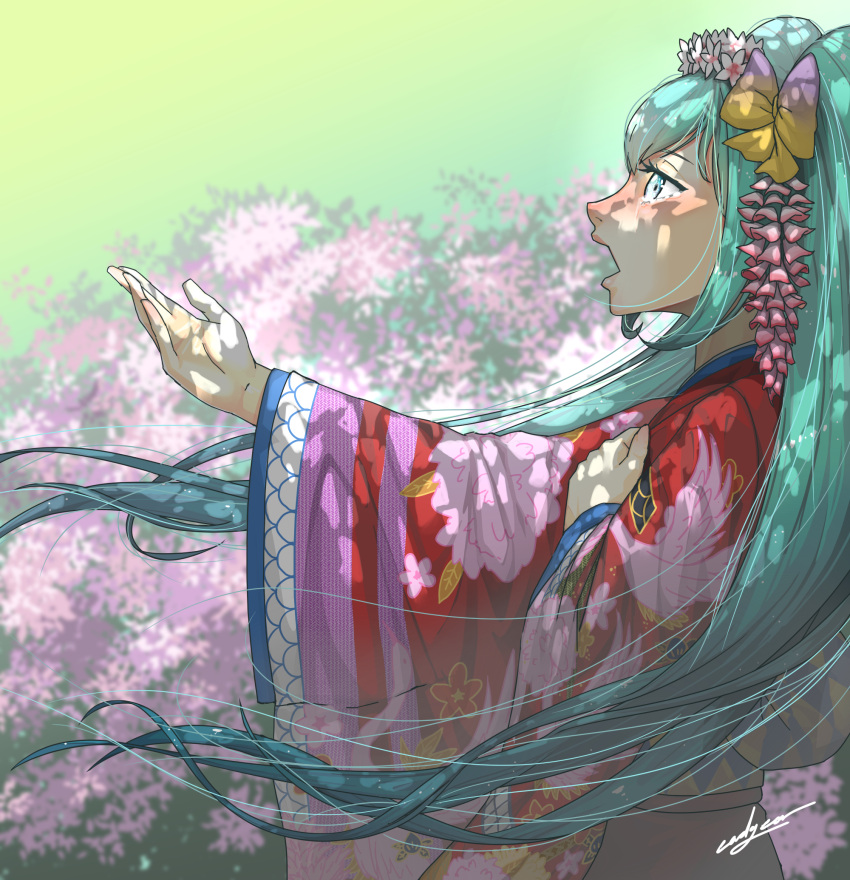 1girl alternate_costume aqua_eyes aqua_hair blurry blush commentary crier_(vocaloid) crying dappled_sunlight depth_of_field eadgear hand_on_own_chest hatsune_miku highres japanese_clothes kimono long_hair signature solo sunlight twintails vocaloid wide_sleeves