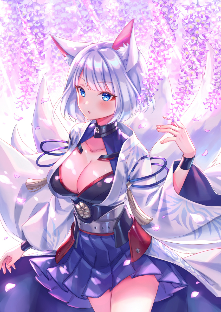 1girl animal_ears azur_lane bangs blue_eyes blunt_bangs cleavage_cutout commentary_request eyeliner eyeshadow fox_ears fox_girl fox_tail hakama_skirt highres japanese_clothes kaga_(azur_lane) kimono kitsune makeup multiple_tails solo tail white_hair white_kimono wide_sleeves zoff_(daria)