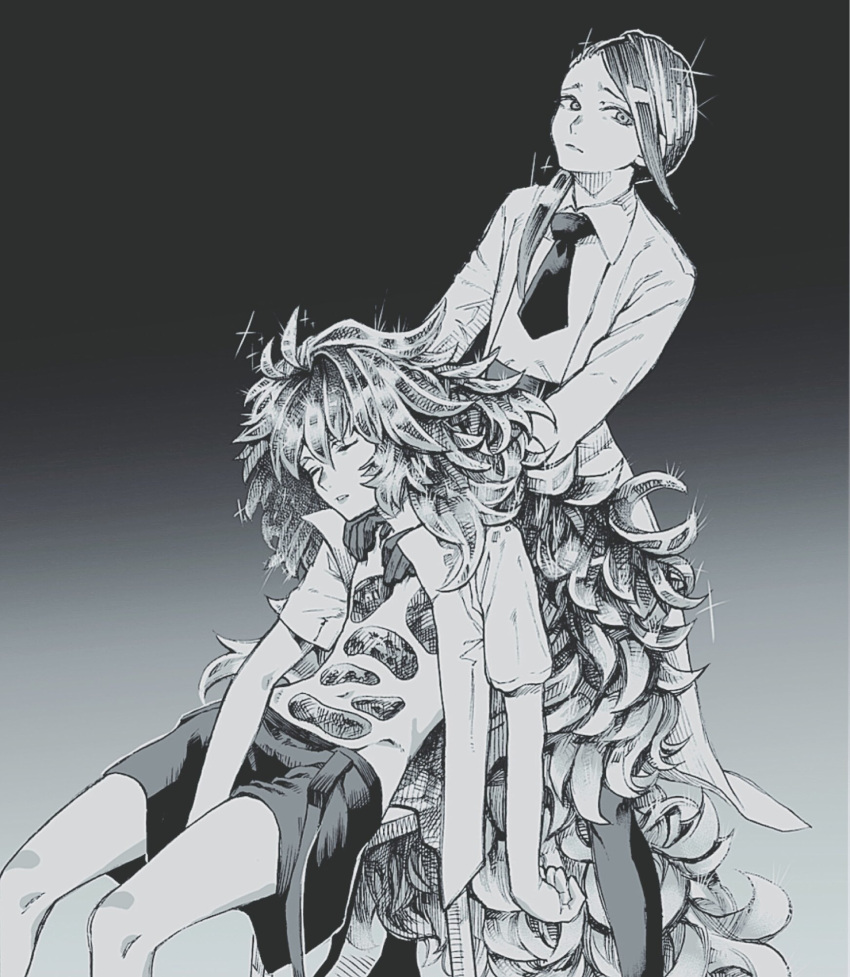 2others chair crystal_hair gloves gradient gradient_background greyscale hands_on_another's_shoulders highres houseki_no_kuni labcoat long_hair looking_at_viewer maki_keigo monochrome multiple_others necktie padparadscha_(houseki_no_kuni) parted_lips rutile_(houseki_no_kuni) short_hair shorts sleeping suspender_shorts suspenders suspenders_hanging very_long_hair