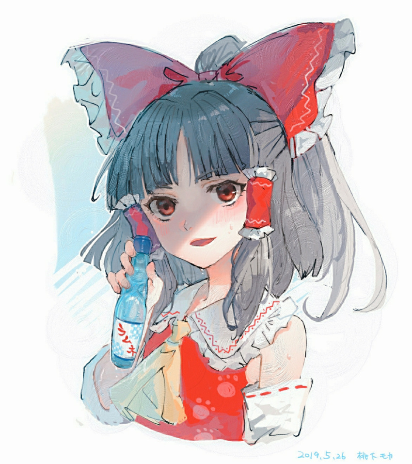 1girl ascot bangs bare_shoulders black_hair blunt_bangs blush bottle bow commentary_request cropped_torso dated detached_sleeves eyebrows_visible_through_hair frilled_bow frills hair_bow hair_tubes hakurei_reimu half_updo hand_up highres holding holding_bottle looking_at_viewer mochacot open_mouth paw_print ramune red_bow red_eyes ribbon-trimmed_sleeves ribbon_trim short_hair sidelocks smile solo touhou translated upper_body white_background wily_beast_and_weakest_creature yellow_neckwear