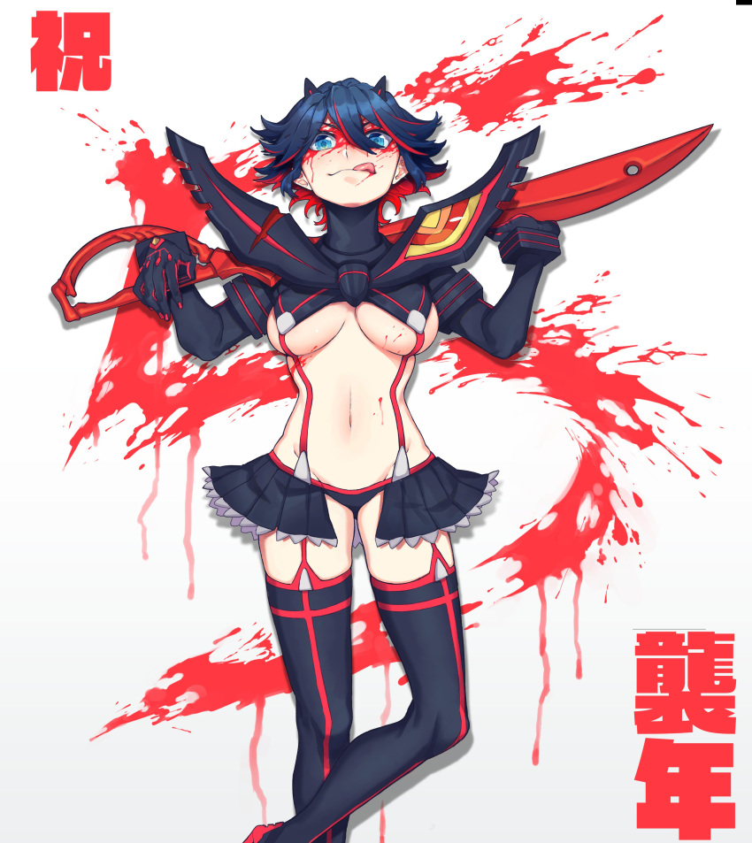 1girl absurdres black_footwear black_hair black_panties blood blood_on_face blue_eyes boots breasts commentary_request garter_straps hair_between_eyes highres holding holding_weapon honda_(obon) kill_la_kill looking_at_viewer matoi_ryuuko medium_breasts miniskirt multicolored_hair panties pleated_skirt redhead revealing_clothes scissor_blade senketsu short_hair skirt solo streaked_hair suspenders sweatdrop thigh-highs thigh_boots two-tone_hair under_boob underwear weapon