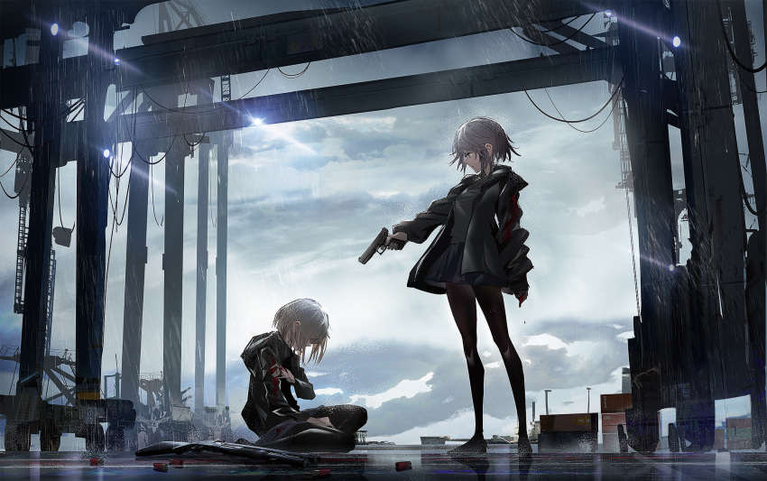 2girls aiming black_footwear black_jacket black_legwear black_shirt black_skirt blood blood_splatter blue_eyes clouds cloudy_sky commentary container crane day dripping eyebrows_visible_through_hair finger_on_trigger glock grey_hair gun hair_between_eyes handgun harbor highres holding holding_arm holding_gun holding_weapon jacket ladder multiple_girls open_clothes open_jacket original outdoors pantyhose pistol pleated_skirt profile rain reflection serious shirt shoes shotgun shotgun_shells sitting skirt sky sneakers standing swav weapon weapon_request