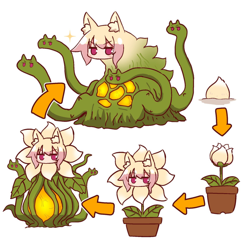 1girl animal_ear_fluff animal_ears bangs biollante blonde_hair blush brown_flower commentary_request directional_arrow evolution eyebrows_visible_through_hair flower fox_ears fox_girl fox_tail godzilla_(series) hair_between_eyes highres kaijuu kemomimi-chan_(naga_u) long_hair multiple_views naga_u original plant potted_plant red_eyes sidelocks sparkle tail v-shaped_eyebrows white_background