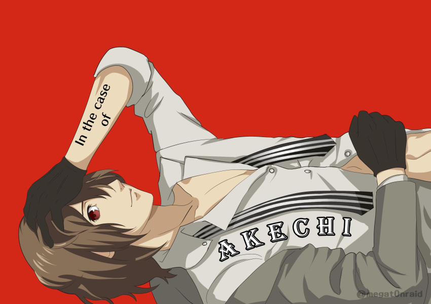 1boy absurdres akechi_gorou black_gloves body_writing brown_hair closed_mouth clothes_writing gloves hand_in_hair highres looking_at_viewer lying male_focus megat0nraid on_back parody partially_unbuttoned persona persona_5 persona_5_the_animation red_background red_eyes simple_background watermark