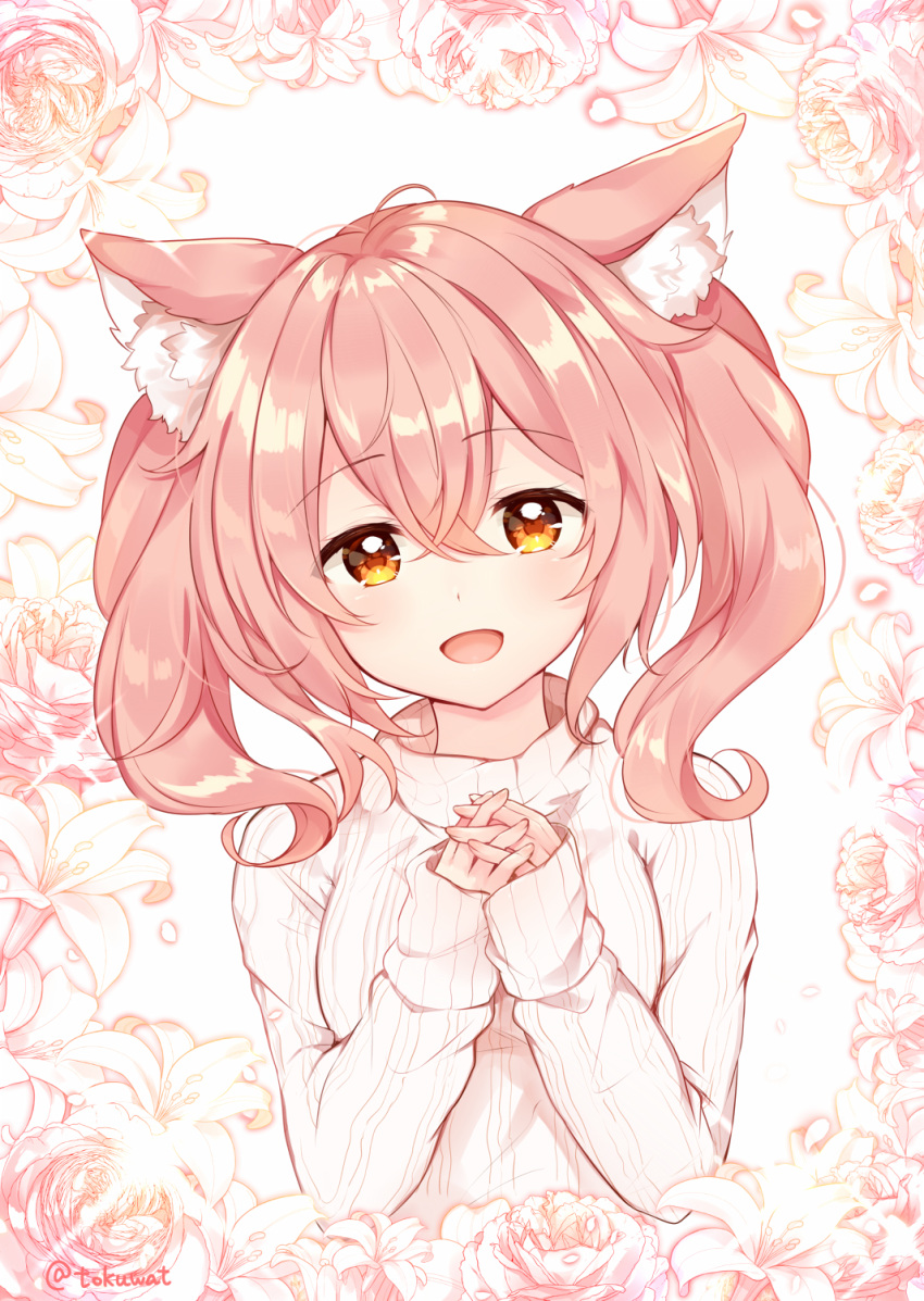 1girl :d animal_ear_fluff animal_ears bangs blush brown_hair commentary_request eyebrows_visible_through_hair fingernails floral_background fukunoki_tokuwa hair_between_eyes hands_together hands_up head_tilt highres interlocked_fingers long_hair long_sleeves open_mouth original own_hands_together red_eyes ribbed_sweater sidelocks sleeves_past_wrists smile solo sweater twintails upper_body white_background white_sweater