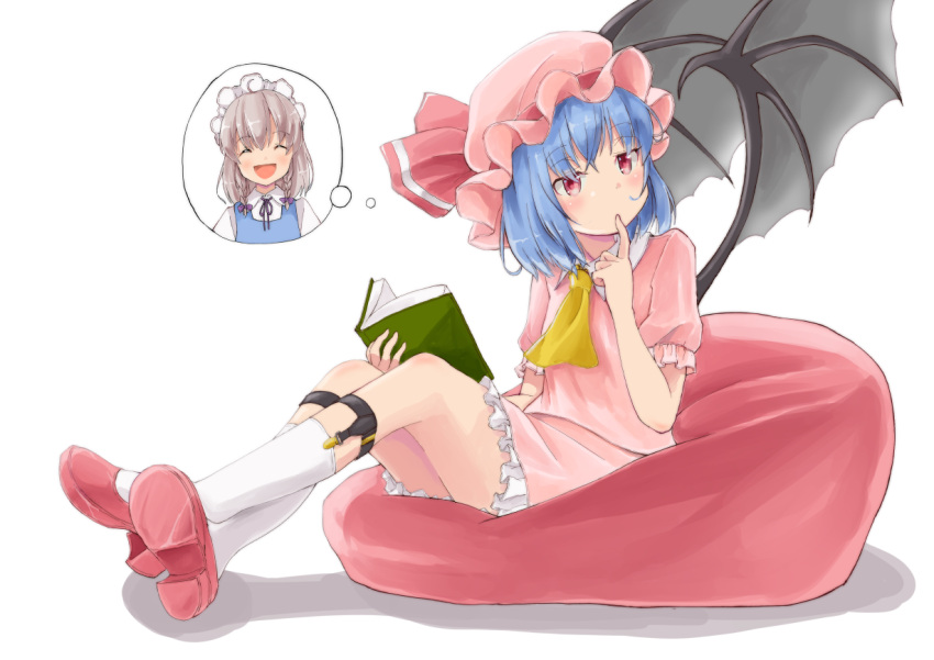2girls :d ^_^ bat_wings bean_bag_chair blue_hair blue_vest book braid closed_eyes commentary_request cravat crossed_legs expressionless eyebrows_visible_through_hair finger_in_mouth full_body hat hat_ribbon holding holding_book izayoi_sakuya looking_back looking_to_the_side maid_headdress mob_cap multiple_girls open_book open_mouth petticoat pink_footwear pink_headwear pink_shirt pink_skirt platform_footwear puffy_short_sleeves puffy_sleeves red_eyes remilia_scarlet ribbon shadow shirt short_hair short_sleeves silver_hair simple_background sitting skirt skirt_set smile sock_garters socks solo_focus thought_bubble touhou twin_braids upper_body vest white_background white_legwear white_shirt wings yamabukiiro_(browncat) yellow_neckwear