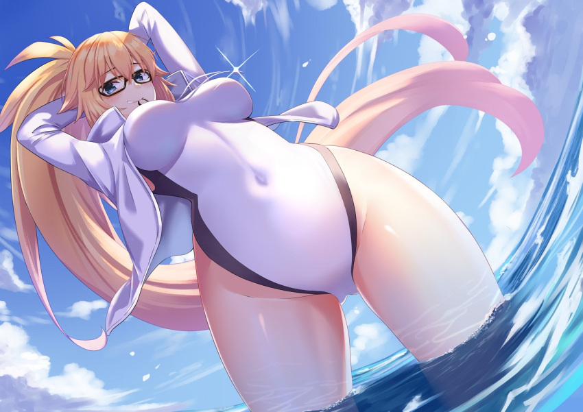 1girl ahoge arms_up bangs black-framed_eyewear blonde_hair blue_sky blush breasts clouds covered_navel cowboy_shot dutch_angle eyebrows_visible_through_hair fate/grand_order fate_(series) fifty1202 from_below glasses glint hair_between_eyes hair_tie_in_mouth holding holding_hair jacket jeanne_d'arc_(fate)_(all) jeanne_d'arc_(swimsuit_archer) large_breasts long_hair looking_at_viewer mouth_hold ocean open_clothes open_jacket ponytail sidelocks sky smile solo swimsuit very_long_hair wading whistle whistle_around_neck white_jacket white_swimsuit