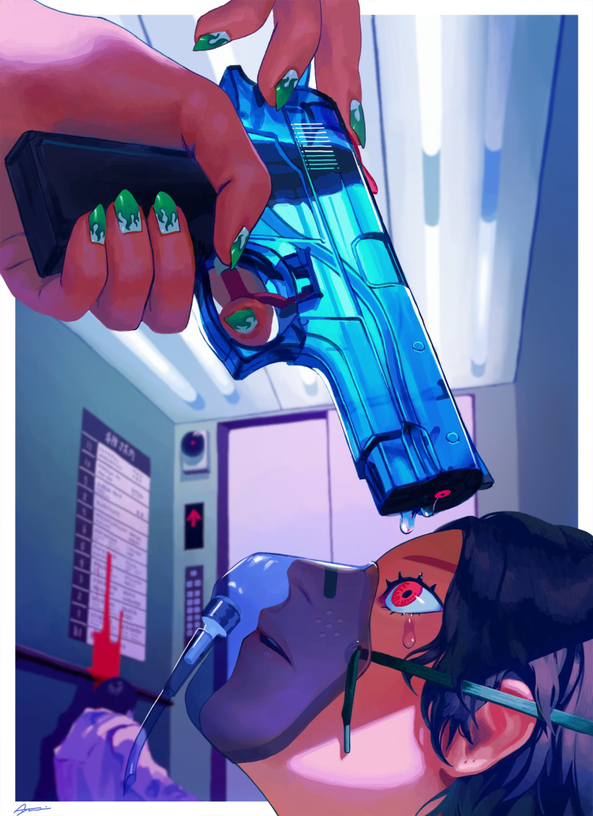 at_gunpoint ayumi_(830890) black_hair blood blood_splatter blurry blurry_background border close-up commentary elevator finger_on_trigger fluorescent_lamp from_below green_nails gun_to_head highres indoors interior looking_up nail_art nail_polish original out_of_frame outside_border oxygen_mask red_eyes scared signature transparent water water_drop water_gun white_border