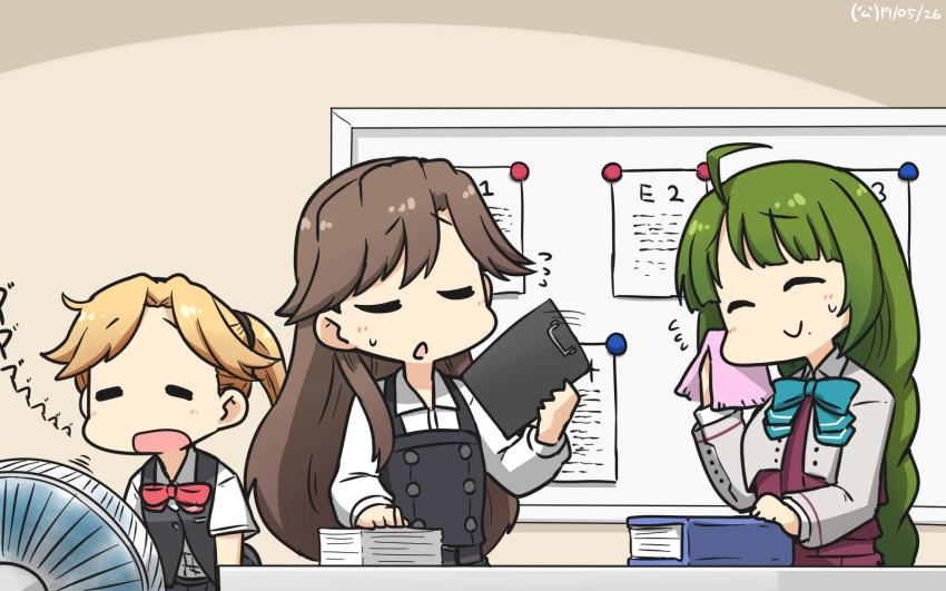 3girls ahoge arashio_(kantai_collection) bangs black_vest blazer blonde_hair book bow bowtie braid brown_hair clipboard closed_eyes commentary_request dated dress electric_fan green_hair halterneck hamu_koutarou highres jacket kantai_collection long_hair long_sleeves maikaze_(kantai_collection) mole mole_under_mouth multiple_girls paper_stack parted_bangs pinafore_dress pink_towel ponytail remodel_(kantai_collection) school_uniform scrunchie shirt short_ponytail single_braid smile towel upper_body vest white_shirt whiteboard yuugumo_(kantai_collection)