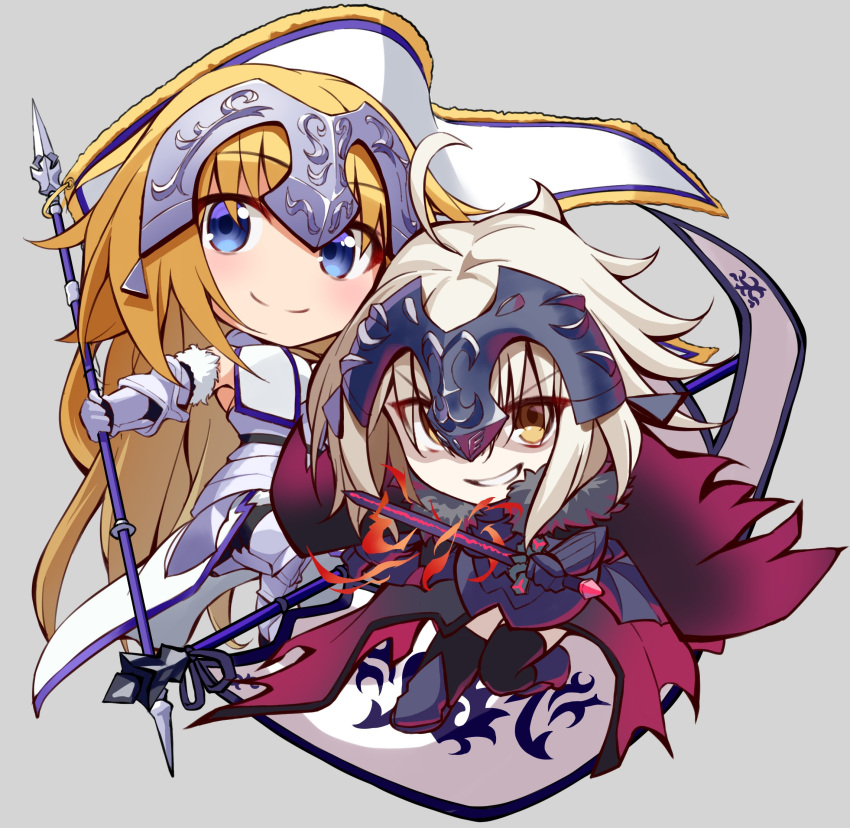 2girls armor armored_dress bangs blonde_hair blue_eyes braid cape chibi commentary_request eyebrows_visible_through_hair fate/apocrypha fate/grand_order fate_(series) flag fur-trimmed_cape fur_collar fur_trim gauntlets grey_background headpiece highres jeanne_d'arc_(alter)_(fate) jeanne_d'arc_(fate) jeanne_d'arc_(fate)_(all) multiple_girls short_hair shunichi silver_hair standard_bearer sword thigh-highs tsurime weapon yellow_eyes