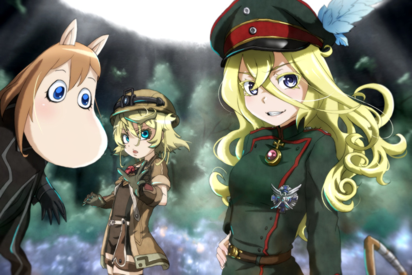 2girls ahoge blonde_hair blue_eyes colored_eyelashes commentary_request cosplay costume_switch creature fusion genya_(genya67) grin hat highres long_hair looking_at_viewer lyza lyza_(cosplay) made_in_abyss military military_uniform moomin moomintroll multiple_girls short_hair smile tanya_degurechaff tanya_degurechaff_(cosplay) uniform very_long_hair viktoriya_ivanovna_serebryakov youjo_senki