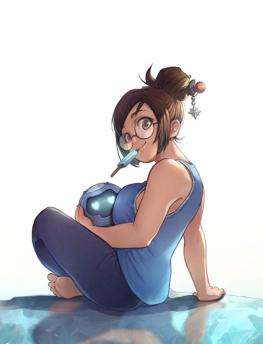 1girl backlighting bare_shoulders barefoot black-framed_eyewear breasts brown_eyes brown_hair casual commentary_request drone eito_nishikawa food food_in_mouth full_body glasses hair_bun hair_ornament hair_stick heart heart-shaped_pupils highres large_breasts lips looking_at_viewer looking_back mei_(overwatch) overwatch pants popsicle round_eyewear sideboob smile snowball_(overwatch) soles solo symbol-shaped_pupils tank_top toes updo white_background yoga_pants