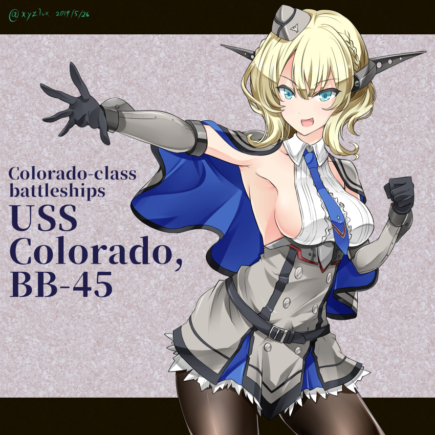 1girl black_gloves black_legwear blonde_hair blue_neckwear breasts capelet character_name colorado_(kantai_collection) commentary_request contrapposto cowboy_shot dated dress garrison_cap gloves grey_dress hat headgear hebitsukai-san highres kantai_collection looking_at_viewer multicolored multicolored_background necktie open_mouth outstretched_arm pantyhose short_hair sideboob smile solo standing twitter_username