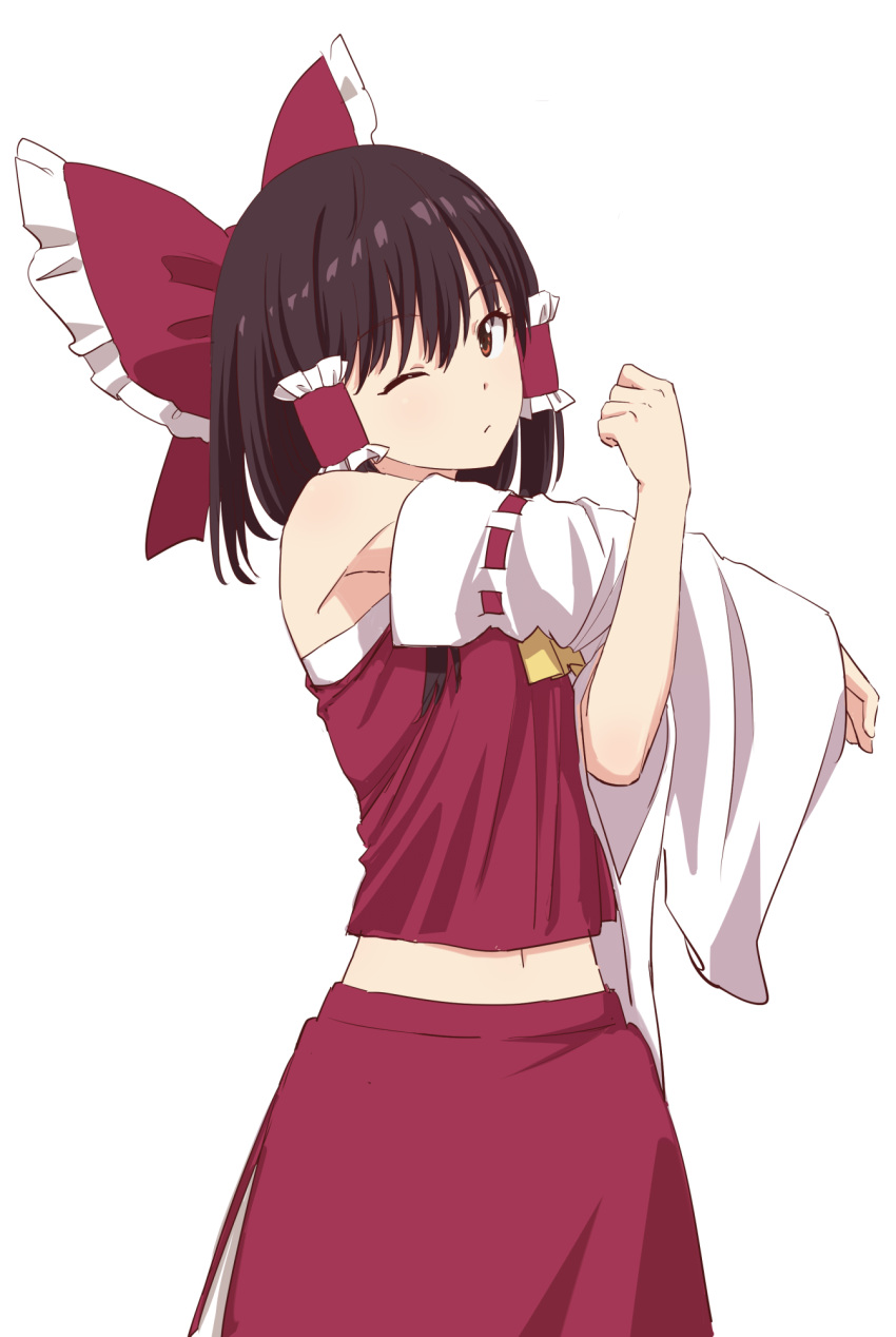 1girl ascot bangs bare_shoulders black_hair bow brown_eyes clenched_hand commentary_request cowboy_shot crop_top cross-body_stretch detached_sleeves frilled_bow frills hair_between_eyes hair_bow hair_tubes hakurei_reimu hand_up highres leon_(mikiri_hassha) long_sleeves looking_at_viewer midriff navel one_eye_closed red_bow red_skirt ribbon-trimmed_sleeves ribbon_trim sarashi short_hair sidelocks simple_background skirt skirt_set solo standing touhou white_background wide_sleeves yellow_neckwear