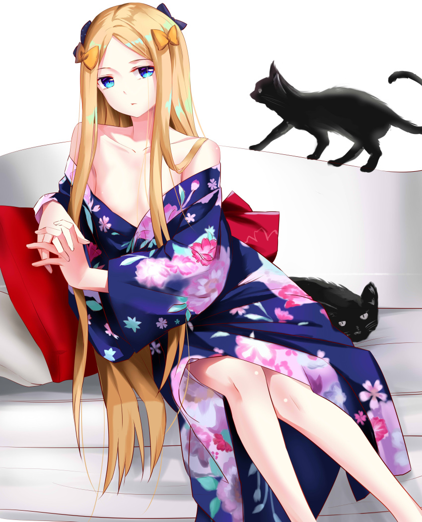 1girl abigail_williams_(fate/grand_order) absurdres amaroku_neko bangs blonde_hair blue_eyes blue_kimono bow cat cherry_blossom_print clothes_down collarbone couch fate/grand_order fate_(series) flat_chest hair_bow hands_together highres interlocked_fingers japanese_clothes kimono long_hair looking_at_viewer multiple_hair_bows open_clothes open_kimono orange_bow parted_bangs pillow print_kimono purple_bow shiny shiny_hair shiny_skin simple_background sitting solo very_long_hair white_background yukata