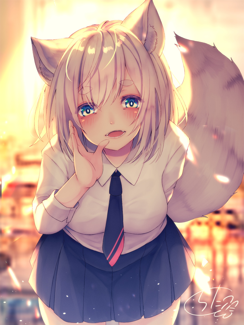 1girl animal_ear_fluff animal_ears black_neckwear black_skirt blue_eyes blush breasts chair chita_(ketchup) collared_shirt commentary_request desk fangs fox_ears fox_girl fox_tail hand_up highres indoors leaning_forward long_hair long_sleeves looking_at_viewer necktie open_mouth original pleated_skirt school_chair school_desk shirt short_eyebrows signature silver_hair skirt small_breasts solo sunlight tail thick_eyebrows white_shirt