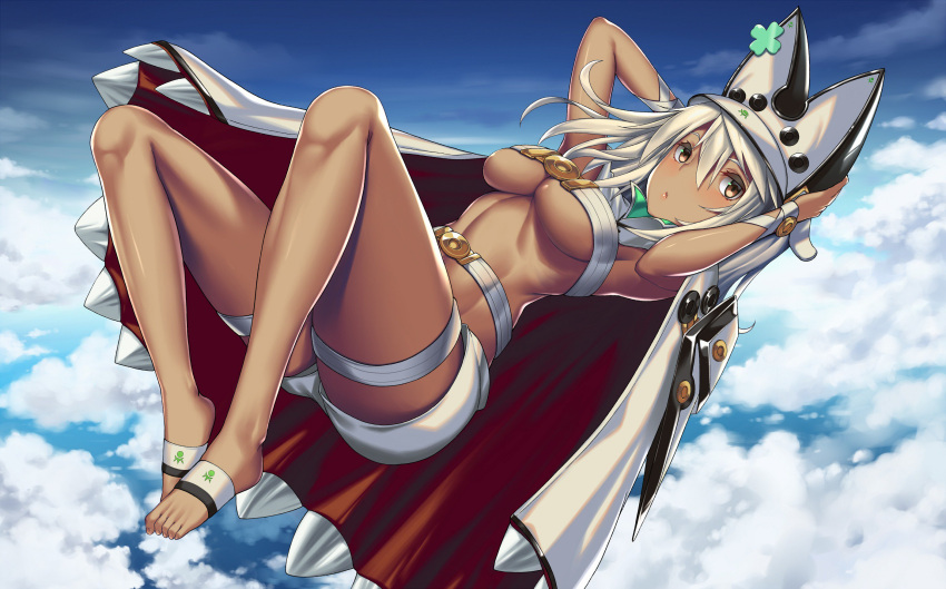 1girl belt beltbra breasts cape clover colored_eyelashes creature dark_skin four-leaf_clover guilty_gear guilty_gear_xrd hat highres orange_eyes platinum_blonde_hair ramlethal_valentine sharp_teeth short_shorts shorts simple_background solo takanashi-a teeth thigh_strap under_boob white_hair