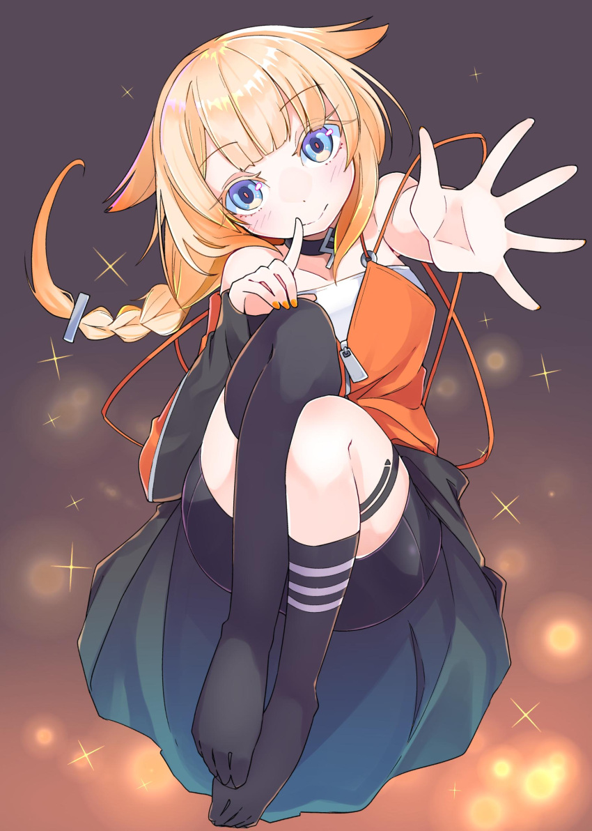 1girl absurdres bangs bare_shoulders black_legwear blonde_hair blue_eyes blush braid cevio choker commentary full_body hair_flaps highres index_finger_raised lights long_hair looking_at_viewer no_shoes one_(cevio) open_hand outstretched_hand single_braid single_sleeve single_thighhigh skirt sleeveless socks solo thigh-highs yatsuzuka_spina