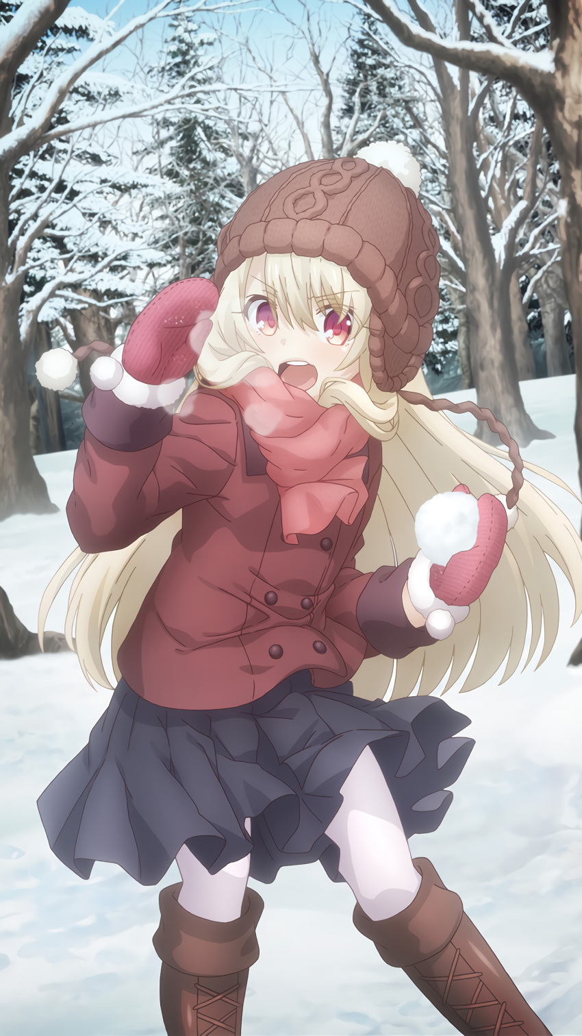 1girl absurdres black_skirt boots brown_coat brown_footwear brown_headwear coat cross-laced_footwear day eyebrows_visible_through_hair fate/kaleid_liner_prisma_illya fate_(series) floating_hair gloves hair_between_eyes hat highres illyasviel_von_einzbern knee_boots lace-up_boots long_hair miniskirt mittens official_art open_mouth outdoors pantyhose pleated_skirt red_eyes red_gloves silver_hair skirt snow snowball solo standing striped striped_gloves upper_teeth very_long_hair white_legwear winter_clothes
