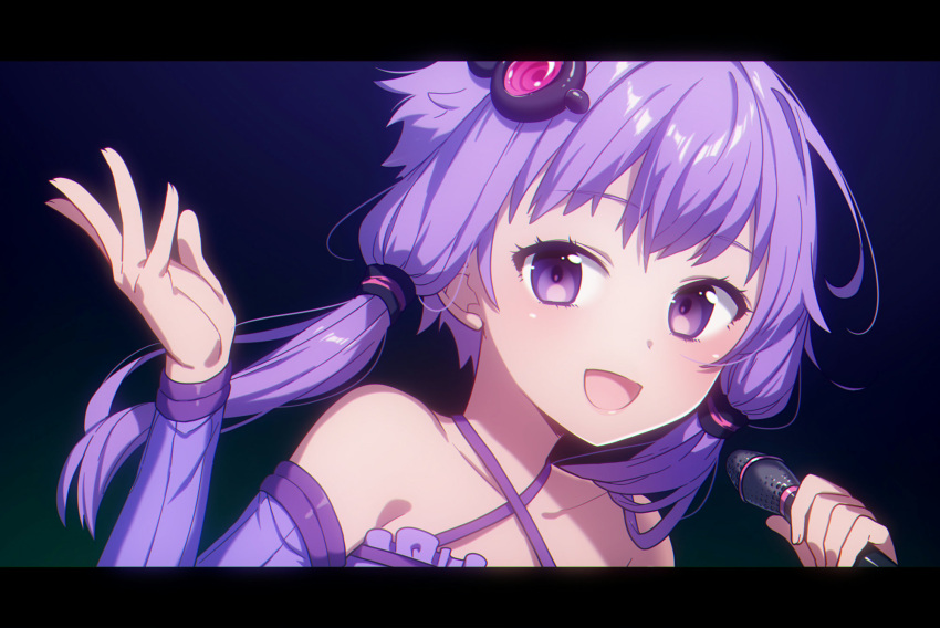 1girl :d ai_kusunoki anime_coloring bare_shoulders black_background collarbone commentary dress frilled_dress frills hair_ornament hairband halter_top halterneck hands_up highres holding holding_microphone light_blush lips looking_at_viewer microphone open_mouth portrait purple_dress purple_hair short_hair_with_long_locks smile violet_eyes vocaloid voiceroid yuzuki_yukari