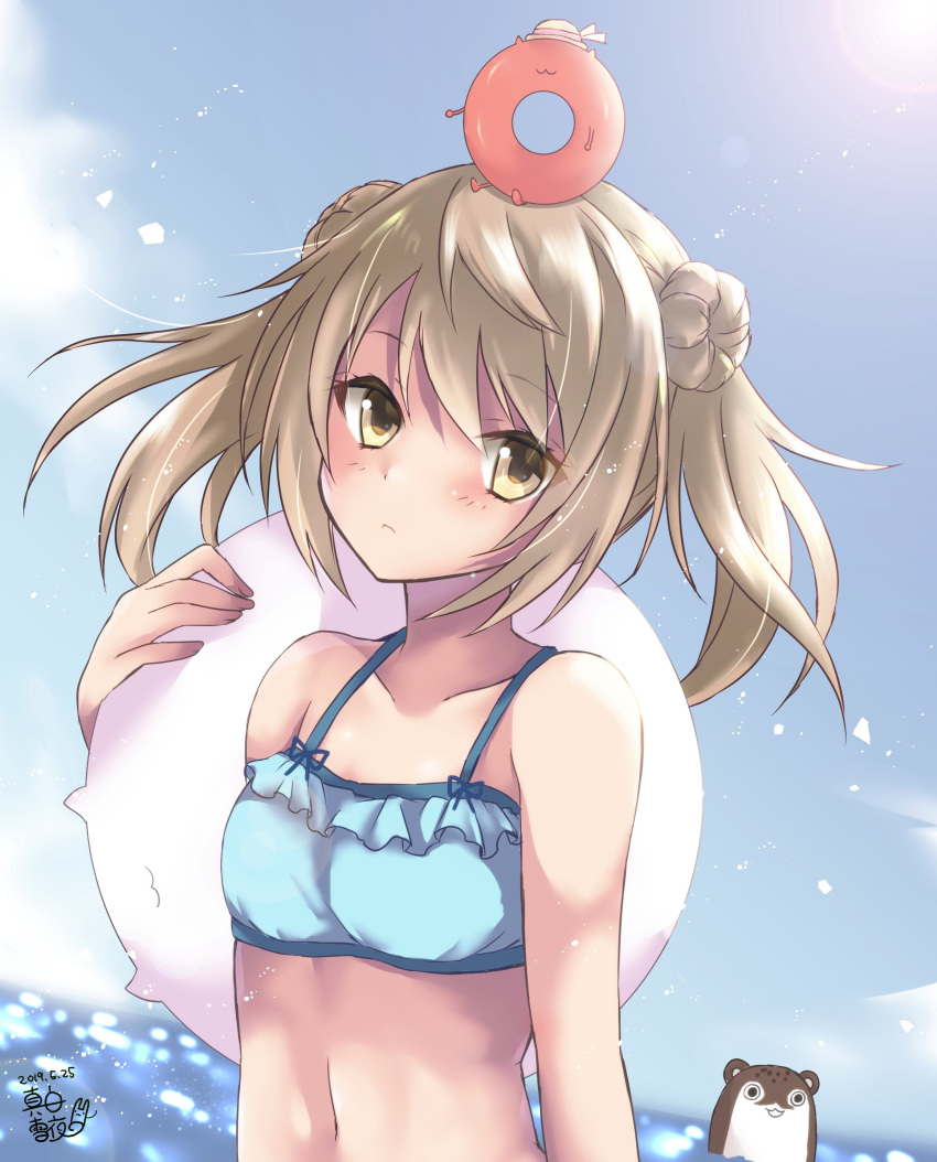 0yukiya0 1girl 2others absurdres artist_logo blue_sky bokukawauso brown_eyes clouds commentary_request creature_on_head day double_bun enemy_lifebuoy_(kantai_collection) hair_bun highres horizon innertube kantai_collection michishio_(kantai_collection) multiple_others ocean otter outdoors short_twintails sky twintails upper_body