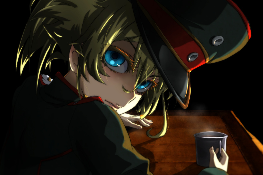 1girl blonde_hair blue_eyes chinese_commentary coffee commentary_request cup genya_(genya67) hair_between_eyes hat highres lips looking_at_viewer looking_back military military_uniform mug parted_lips peaked_cap solo steam tanya_degurechaff uniform youjo_senki