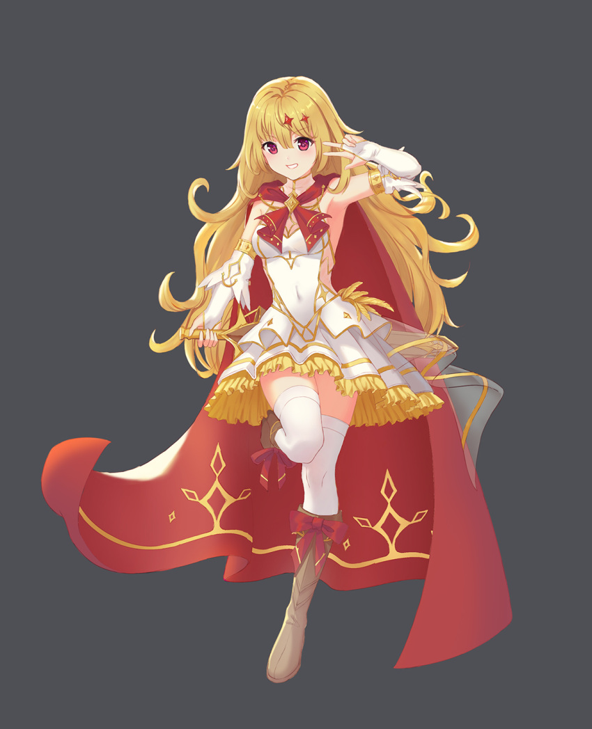 1girl arm_up blonde_hair boots bow breasts bridal_gauntlets brown_footwear cape chinese_commentary commentary_request covered_navel elbow_gloves full_body gloves grey_background hair_ornament highres holding holding_sword holding_weapon knee_boots kokoro_(ydwn8572) leg_up long_hair looking_at_viewer miniskirt original petticoat red_cape red_eyes see-through shoe_bow shoes simple_background skirt sleeveless small_breasts smile solo standing standing_on_one_leg sword thigh-highs thighhighs_under_boots very_long_hair w weapon white_legwear zettai_ryouiki