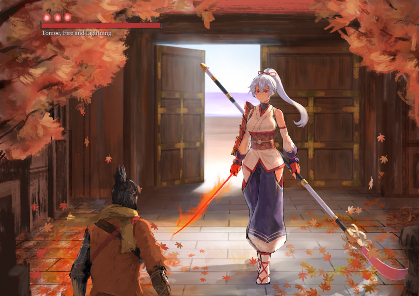 1boy 1girl absurdres architecture armor arqa asymmetrical_sleeves autumn_leaves black_hair blue_hakama crossover day detached_sleeves dual_wielding east_asian_architecture fake_screenshot fate/grand_order fate_(series) gameplay_mechanics gate gloves hair_between_eyes hakama heads-up_display health_bar highres hip_vent holding holding_polearm holding_sword holding_weapon huge_filesize japanese_armor japanese_clothes kimono long_hair naginata obi outdoors polearm ponytail red_eyes red_gloves red_ribbon ribbon sash sekiro sekiro:_shadows_die_twice short_kimono shoulder_armor side_slit silver_hair single_detached_sleeve sode sword tomoe_gozen_(fate/grand_order) very_long_hair weapon white_kimono