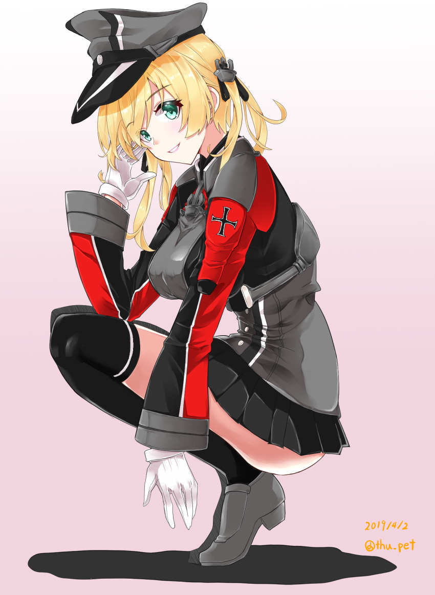 1girl anchor_hair_ornament black_skirt blonde_hair blue_eyes blush breasts commentary_request dated gloves gradient gradient_background hair_ornament hand_up hat head_tilt highres kantai_collection large_breasts long_hair long_sleeves looking_at_viewer low_twintails military military_uniform miniskirt parted_lips peaked_cap pleated_skirt prinz_eugen_(kantai_collection) simple_background skirt smile solo squatting thigh-highs thu_pet tiptoes twintails twitter_username uniform white_gloves
