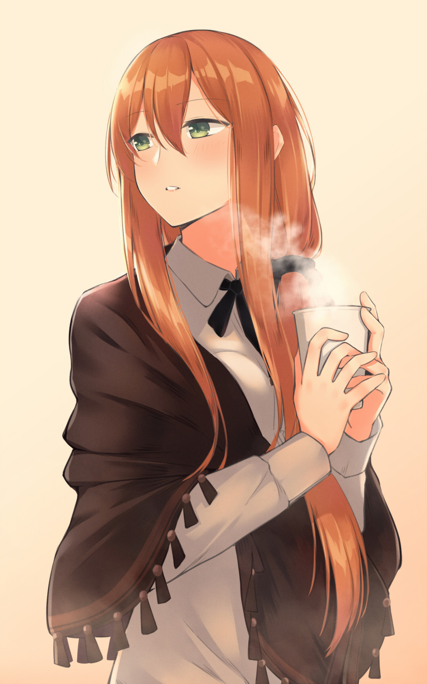 1girl absurdres black_ribbon brown_hair collared_shirt dress_shirt eyebrows_visible_through_hair girls_frontline green_eyes hair_between_eyes highres holding long_hair long_sleeves looking_to_the_side m1903_springfield_(girls_frontline) neck_ribbon nestea parted_lips ribbon shiny shiny_hair shirt simple_background solo upper_body very_long_hair white_background white_shirt wing_collar