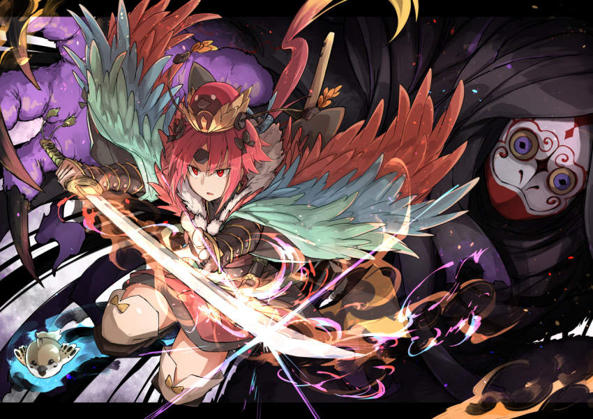 1girl benienma_(fate/grand_order) bird bright_pupils claws commentary_request fate/grand_order fate_(series) feather-trimmed_sleeves glowing glowing_sword glowing_weapon hat kan_(aaaaari35) katana low_ponytail mask monster red_eyes redhead sparrow sword thigh-highs vambraces weapon white_pupils wide_sleeves