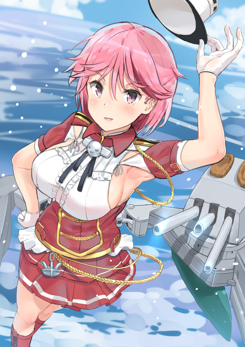 1girl anchor arm_up armpits boots breasts dress epaulettes from_above giuseppe_garibaldi_(kantai_collection) gloves hand_on_hip hat highres holding holding_hat kantai_collection knee_boots lanyard large_breasts looking_at_viewer machinery miniskirt ocean outdoors parted_lips pink_eyes pink_hair pleated_skirt red_dress red_footwear red_skirt rigging short_hair skirt smile solo soushou_nin turret walking walking_on_liquid white_dress white_gloves white_headwear