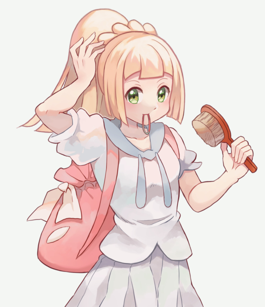 1girl arm_up backpack bag blonde_hair commentary_request green_eyes hair_brush highres holding_brush kazuru_wa lillie_(pokemon) long_hair pokemon pokemon_(game) pokemon_sm ponytail shirt short_sleeves simple_background skirt solo upper_body white_shirt white_skirt