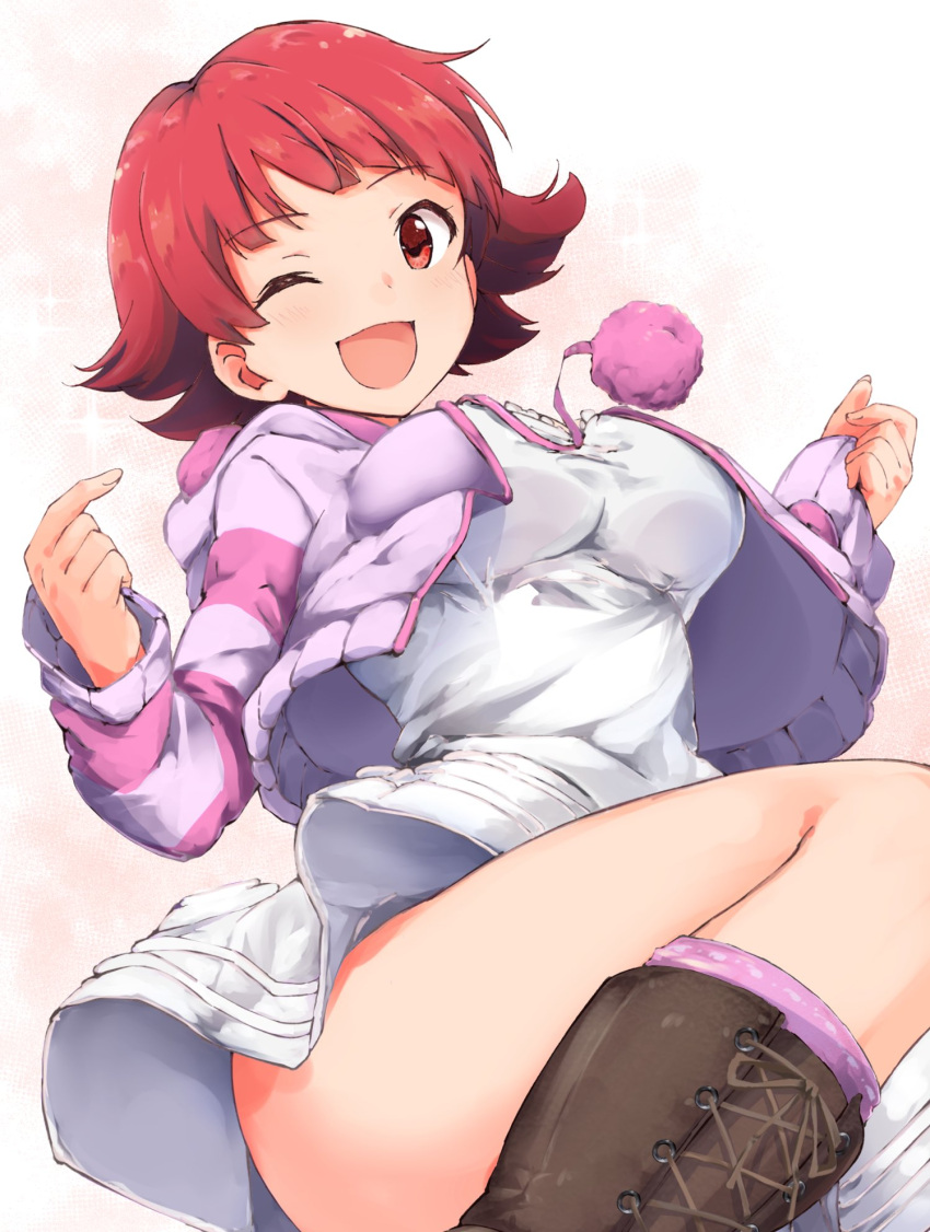 1girl boots breasts commentary_request dress highres idolmaster idolmaster_million_live! jacket large_breasts mp26player nonohara_akane one_eye_closed open_mouth red_eyes redhead short_hair solo thighs white_dress