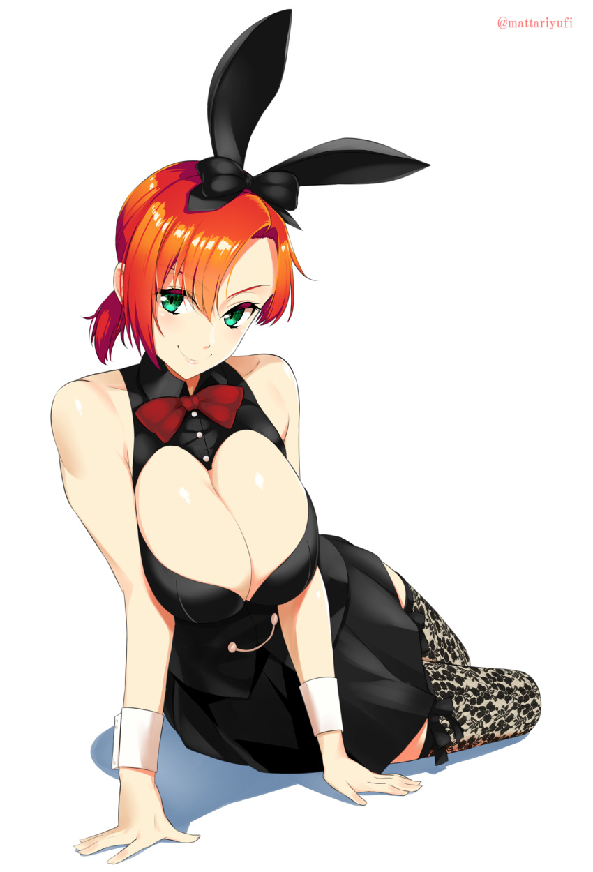 1girl animal_ears boudica_(fate/grand_order) bow bowtie breasts bunny_girl bunnysuit cleavage_cutout commentary_request fake_animal_ears fate/grand_order fate_(series) floral_print green_eyes hair_bow hairband highres large_breasts looking_at_viewer mattari_yufi rabbit_ears redhead shadow short_hair short_ponytail sitting skirt smile solo thigh-highs twitter_username white_background wrist_cuffs