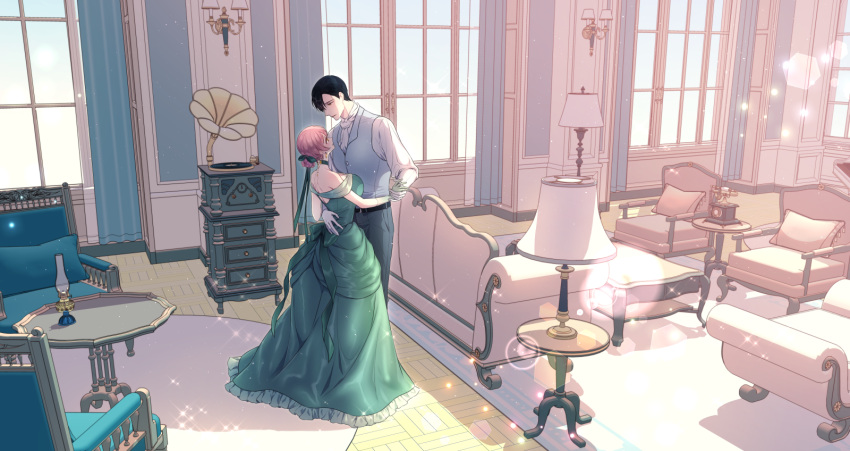 1boy 1girl belt black_hair black_pants chair choker couch dancing day dress eye_contact gloves green_dress hetero highres hsmoji indoors lamp looking_at_another original pants phone phonograph pink_hair record rug standing table white_gloves window